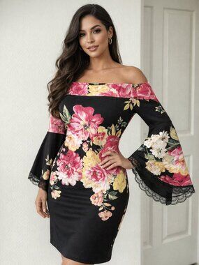 Spring off the shoulders mini dress with bell sleeves